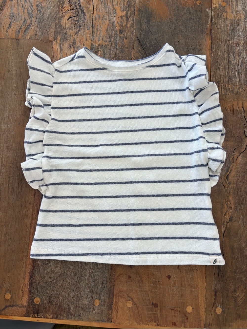 Little Girls Navy Stripe Ruffle Sleeve Tee - White & Navy